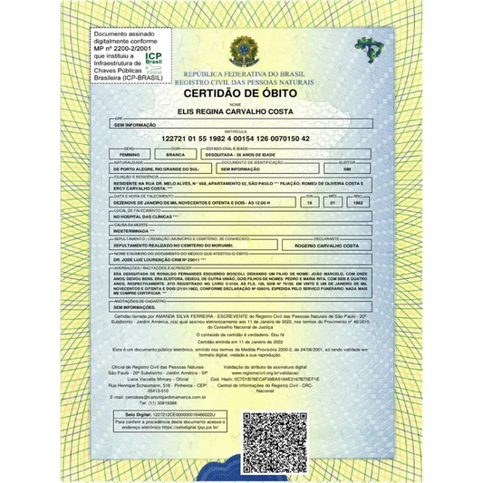 Certidão de óbito com Tradução Juramentada oficial para exterior e processos legais